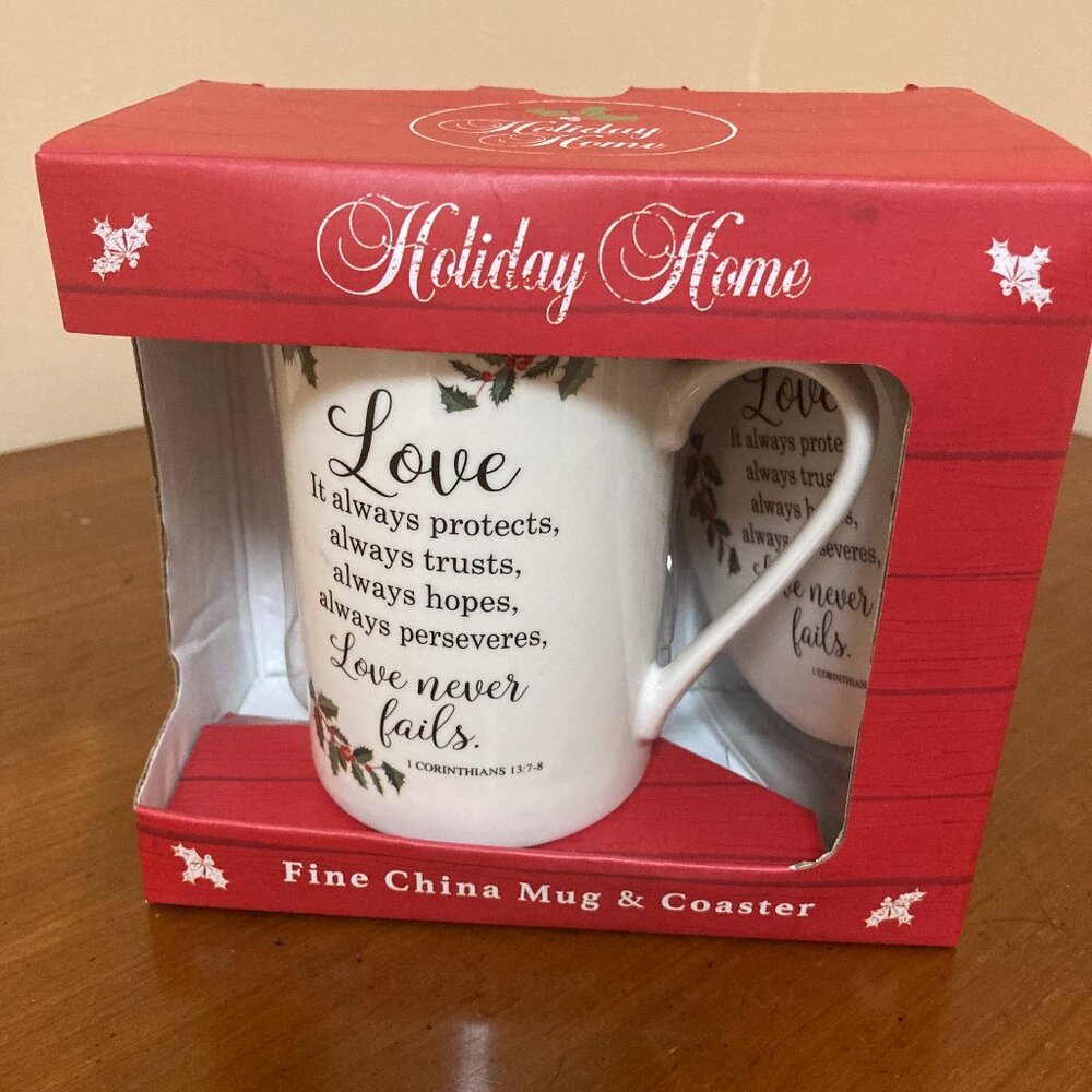 Religious Christmas Mug and Coaster Corinthians 13:7-8 Love Never Fails